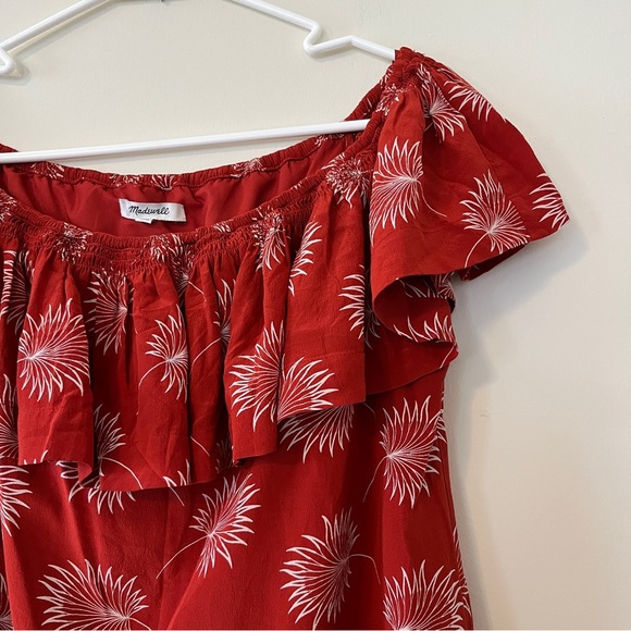 Madewell | Silk Off the Shoulder Dress | Orange Palm flower print | Size Medium - Picture 5 of 13